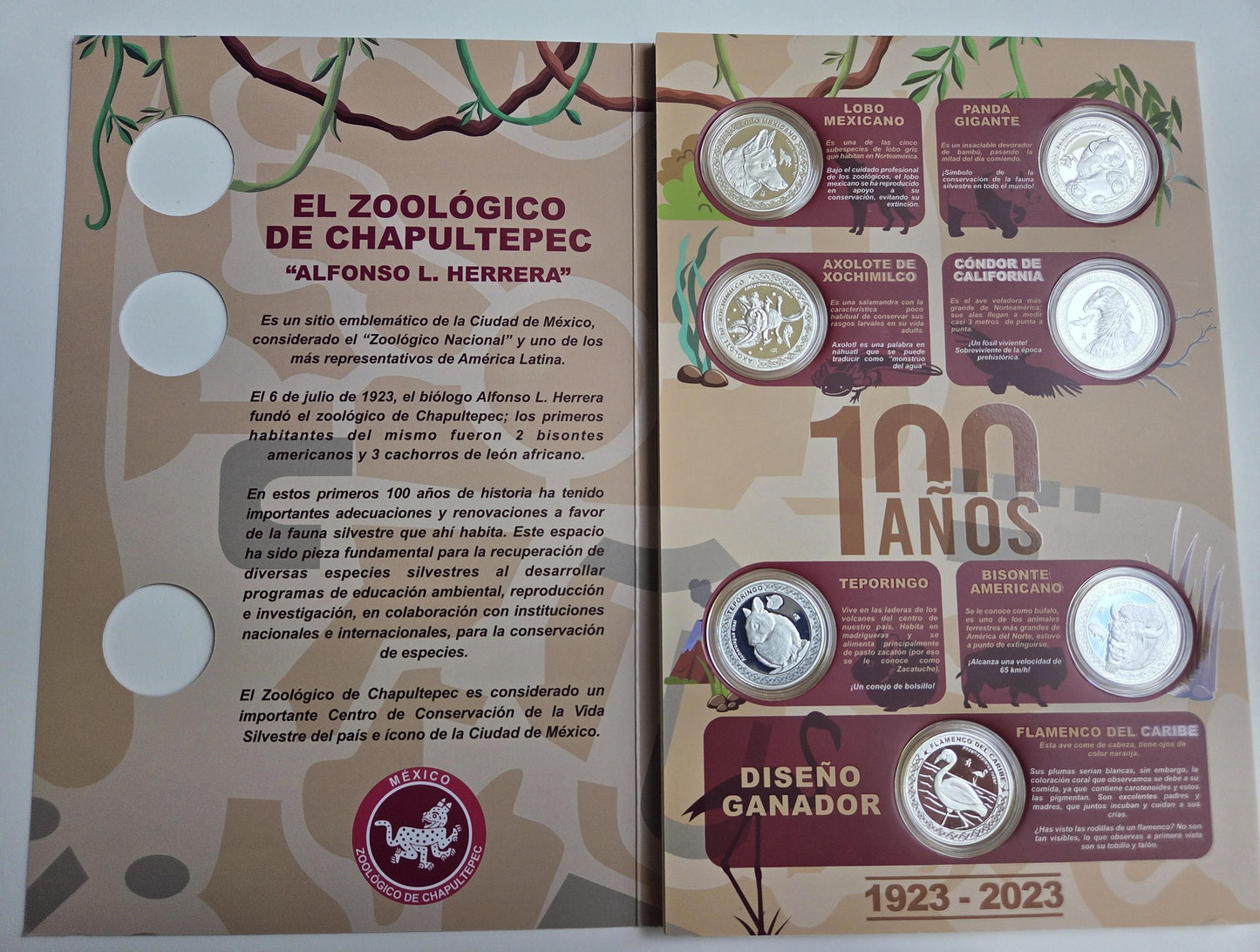 Medallas Conmemorativas Plata Ley .999 del 100º Aniversario del Zoológico de Chapultepec de la Ciudad de México.